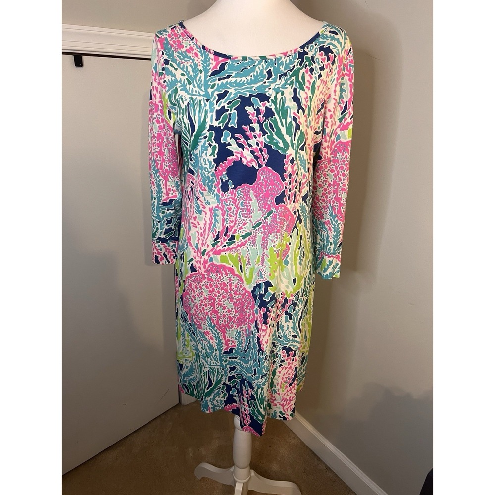 Lilly Pulitzer M Lets Cha Cha Coral Marlowe Dress 3/4 Sleeve Pima Cotton Boatnec